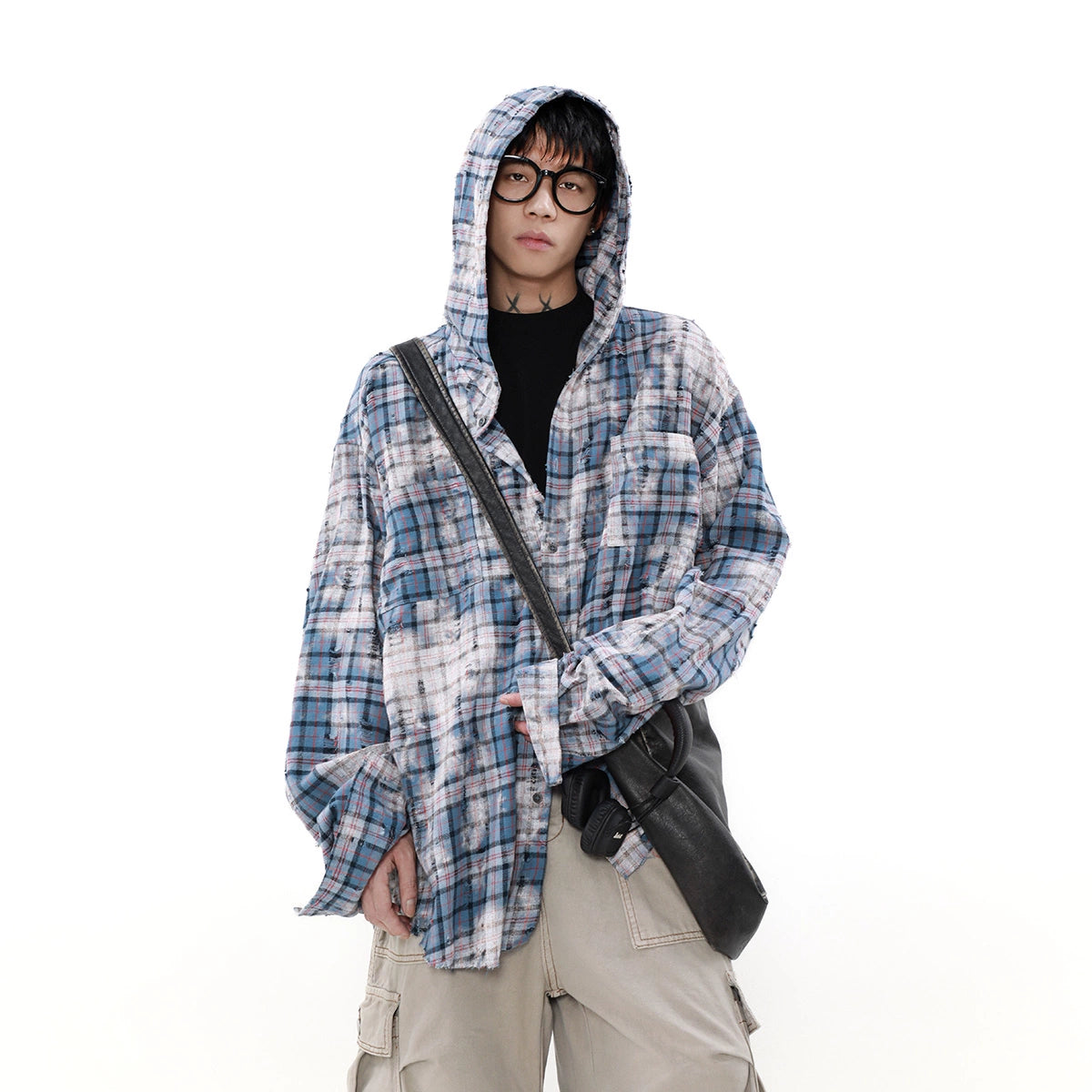 Oversize Checkered Long Sleeve Hooded Shirt WN7560