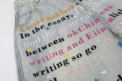 Letter Star Print Denim Half Jeans WN25412