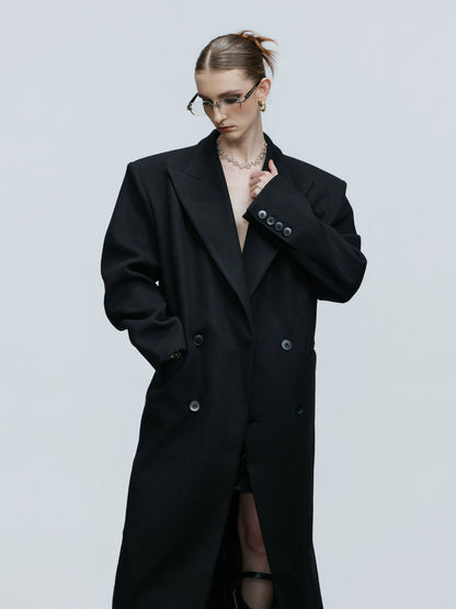 Shoulder-Pad Waist-Fitted Thick Long Trench Coat WN21737