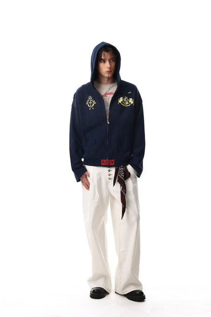 Damage Foil Print Short Zipper Hoodie WN27955