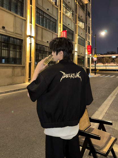 Graphic Letter Embroidery Shoulder-Pad Short Jacket & Wide Leg Pants Setup WN20748