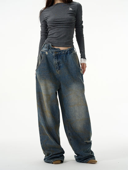 Damaged Splashed Ink Wide Leg Denim Jeans WN7936