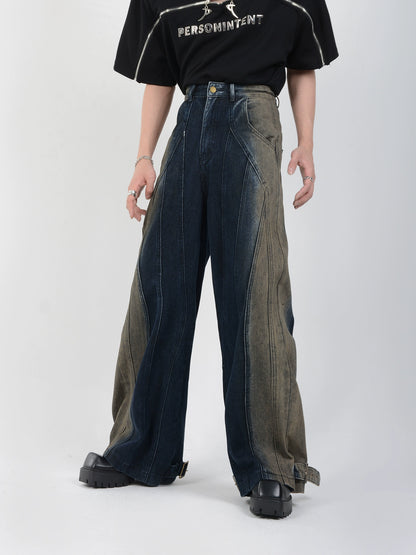 Contrasting Color Wide-Leg Straight Denim Jeans WN7106