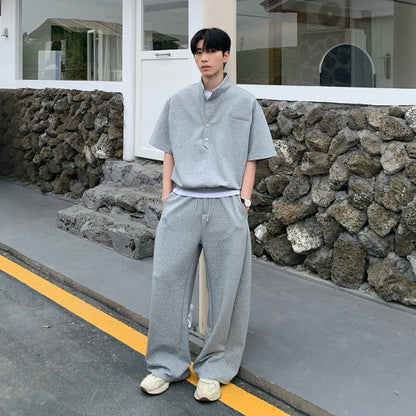 Standing-Collar Button Short Sleeve T-Shirt & Wide Leg Sweatpants Setup WN25022