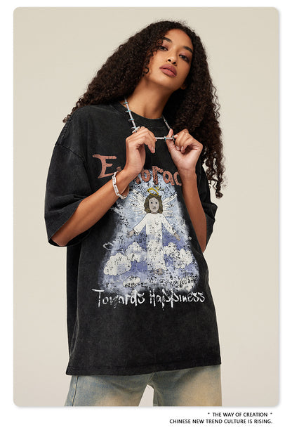 Oversize Angel Print Round Neck Short Sleeve T-Shirt WN7893