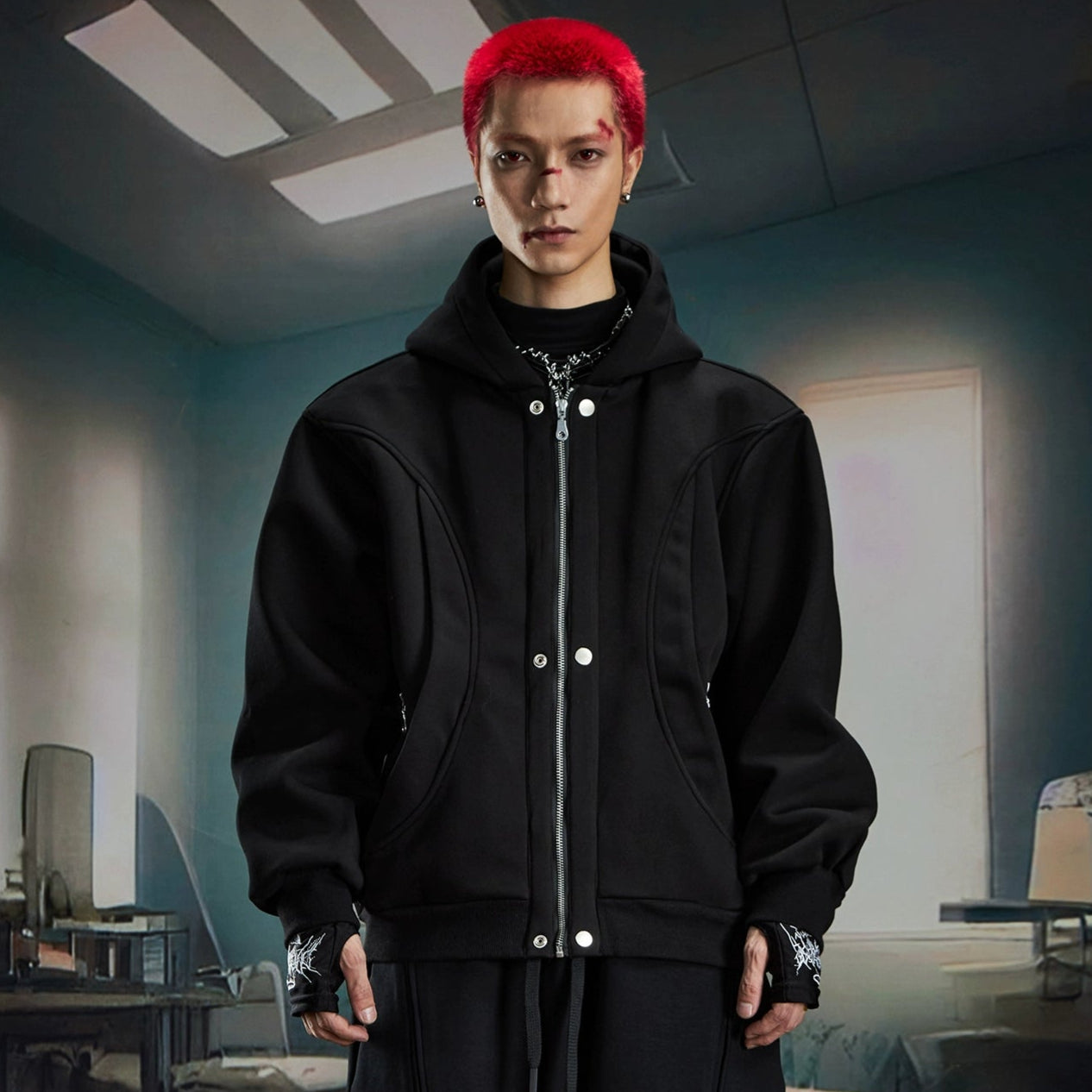 Deconstructed Oversize Zipper Hoodie & Wide Leg Sweatpants Setup WN20582