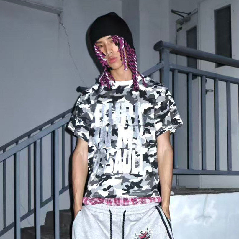 Camouflage Glitter Foil Print Short Sleeve T-Shirt WN27350