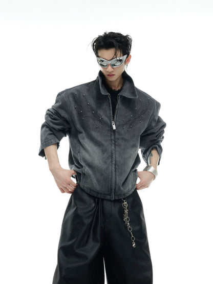 Washed Studs Spine Short Denim Zipper Jacket WN16329