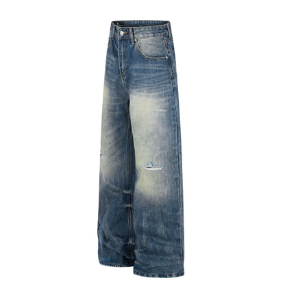 Washed Whisker Damage Wide Leg Denim Jeans WN26008