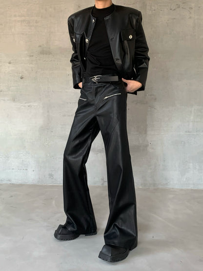Deconstructed Zipper Design PU Leather Flare Pants WN20057