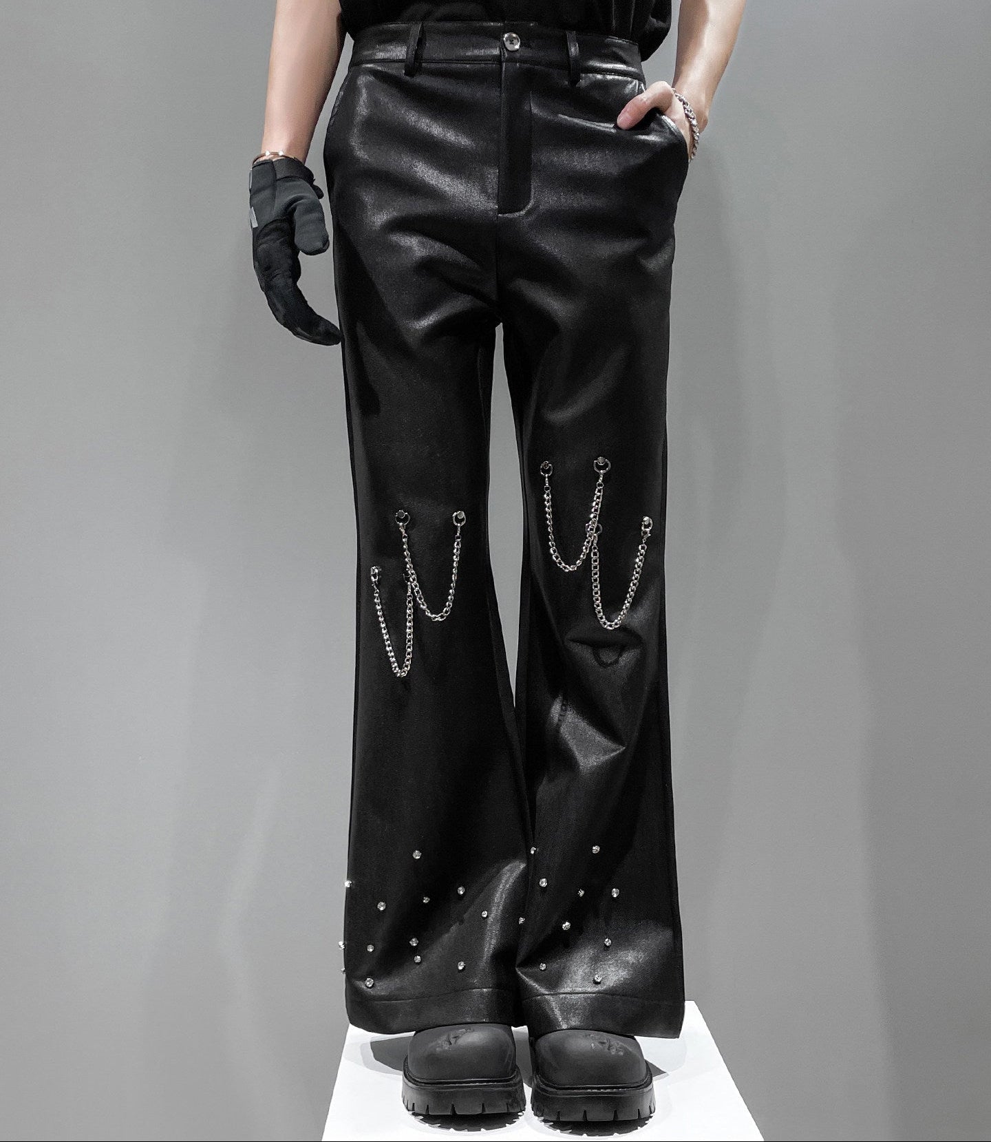 Metal Chain Rhinestone Bead Flare Wide Leg Pants WN23930