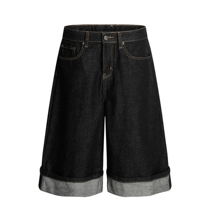 Cuffed Washed Wide Leg Denim Half Jeans WN19458