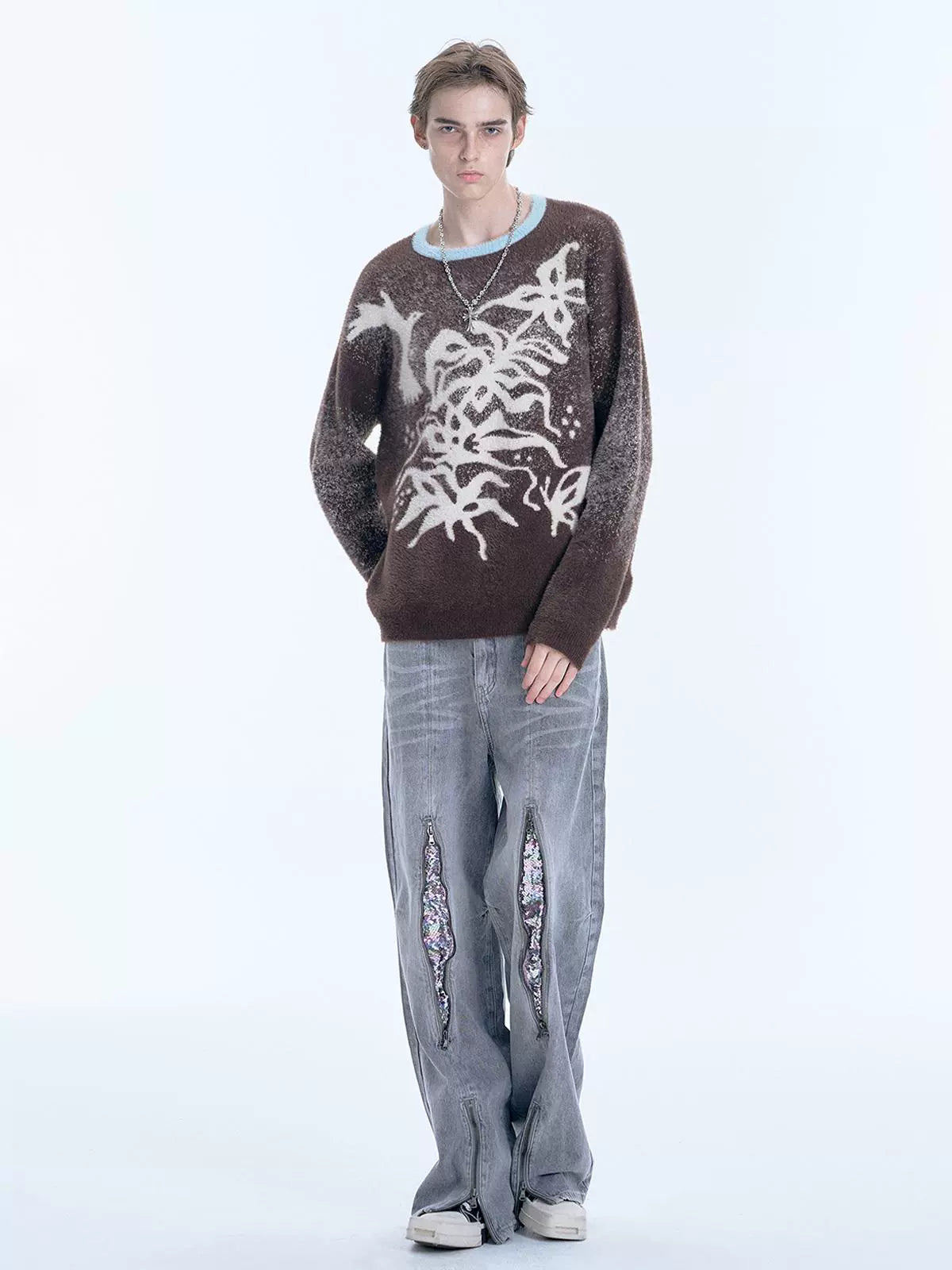 Floral and Bird Design Oversize Knit Sweater WN18984