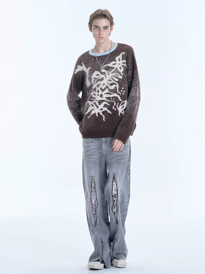 Floral and Bird Design Oversize Knit Sweater WN18984