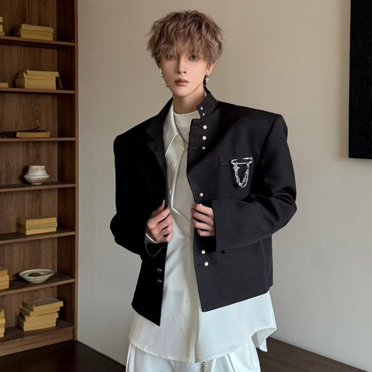 Metal Buckle Standing-Collar Shoulder-Pad Tailored Jacket WN23177