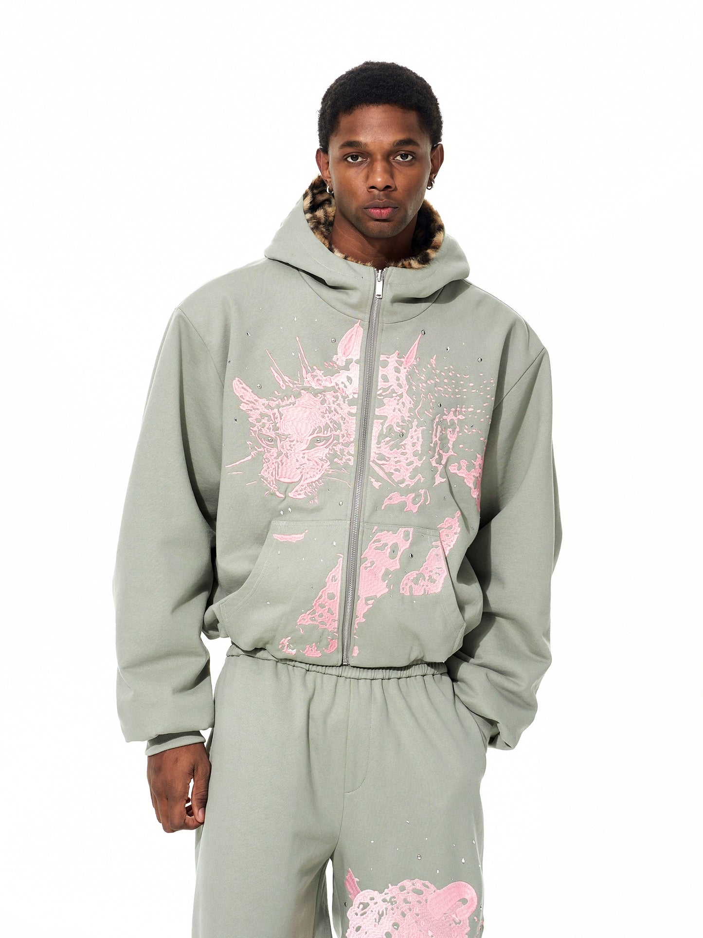 Leopard Embroidery Fleece Lining Thick Fur Patchwork Hoodie & Pants Setup WN22653