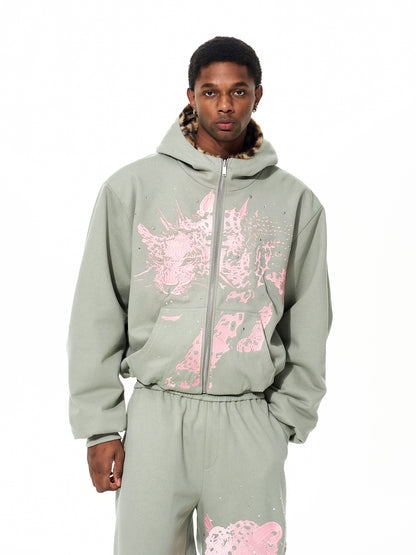 Leopard Embroidery Fleece Lining Thick Fur Patchwork Hoodie & Pants Setup WN22653