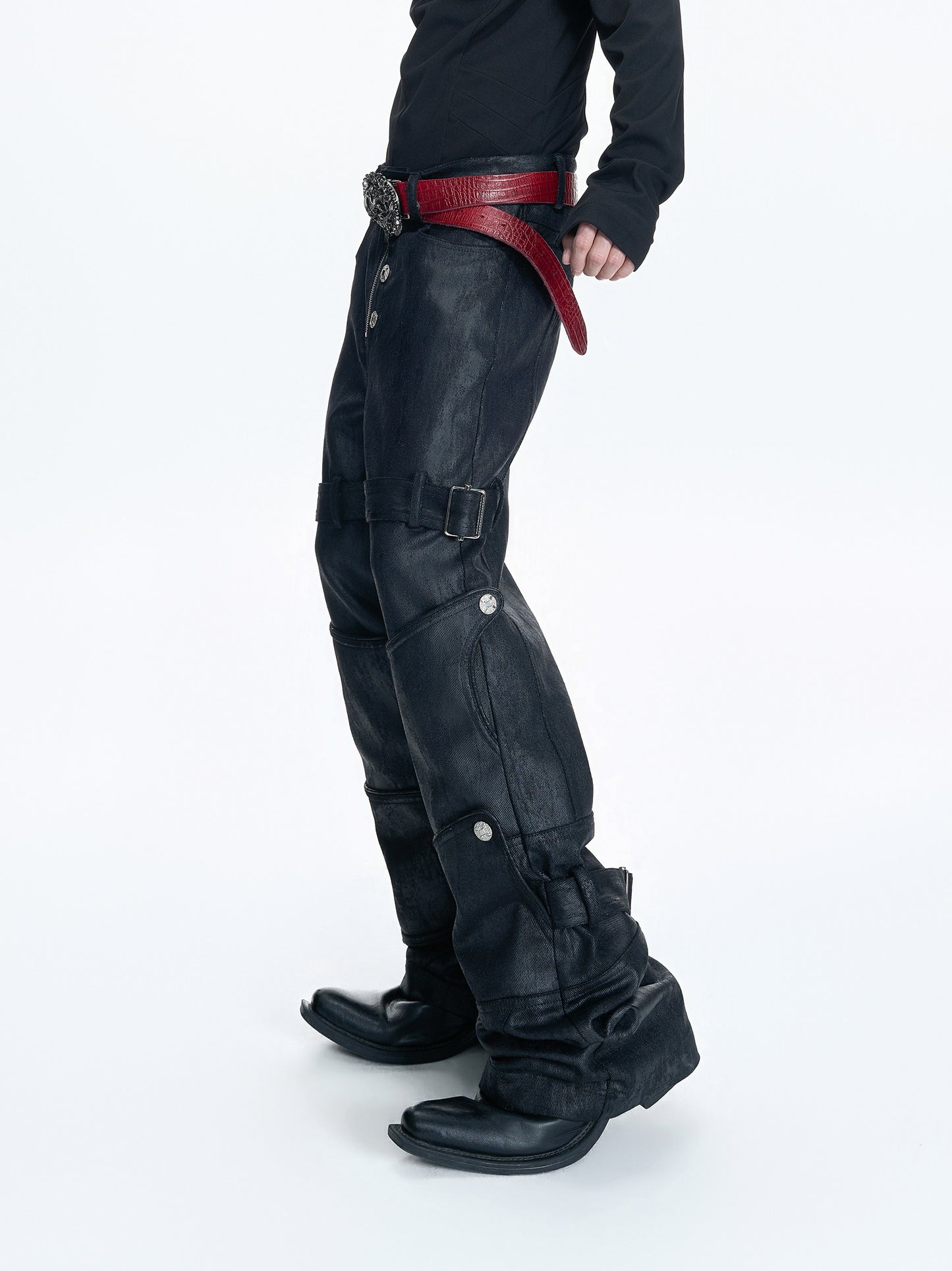 Waxed Damage Metal Button Flare Denim Jeans WN23547