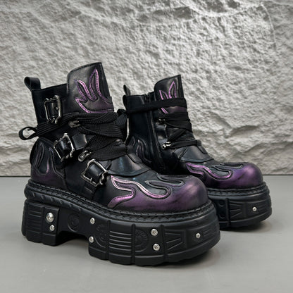 Flame Embroidery Strap Buckle Platform Short Boots WN24578