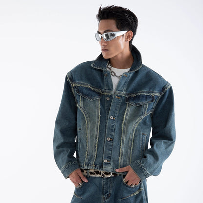 Raw Hem Fringe Damage Washed Denim Jacket & Wide Leg Denim Jeans Setup WN20659