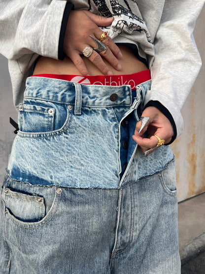 Contrast Panel Washed Wide Leg Denim Jeans WN24059