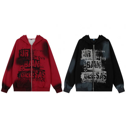 Washed Letter Print Zipper Hoodie WN15047
