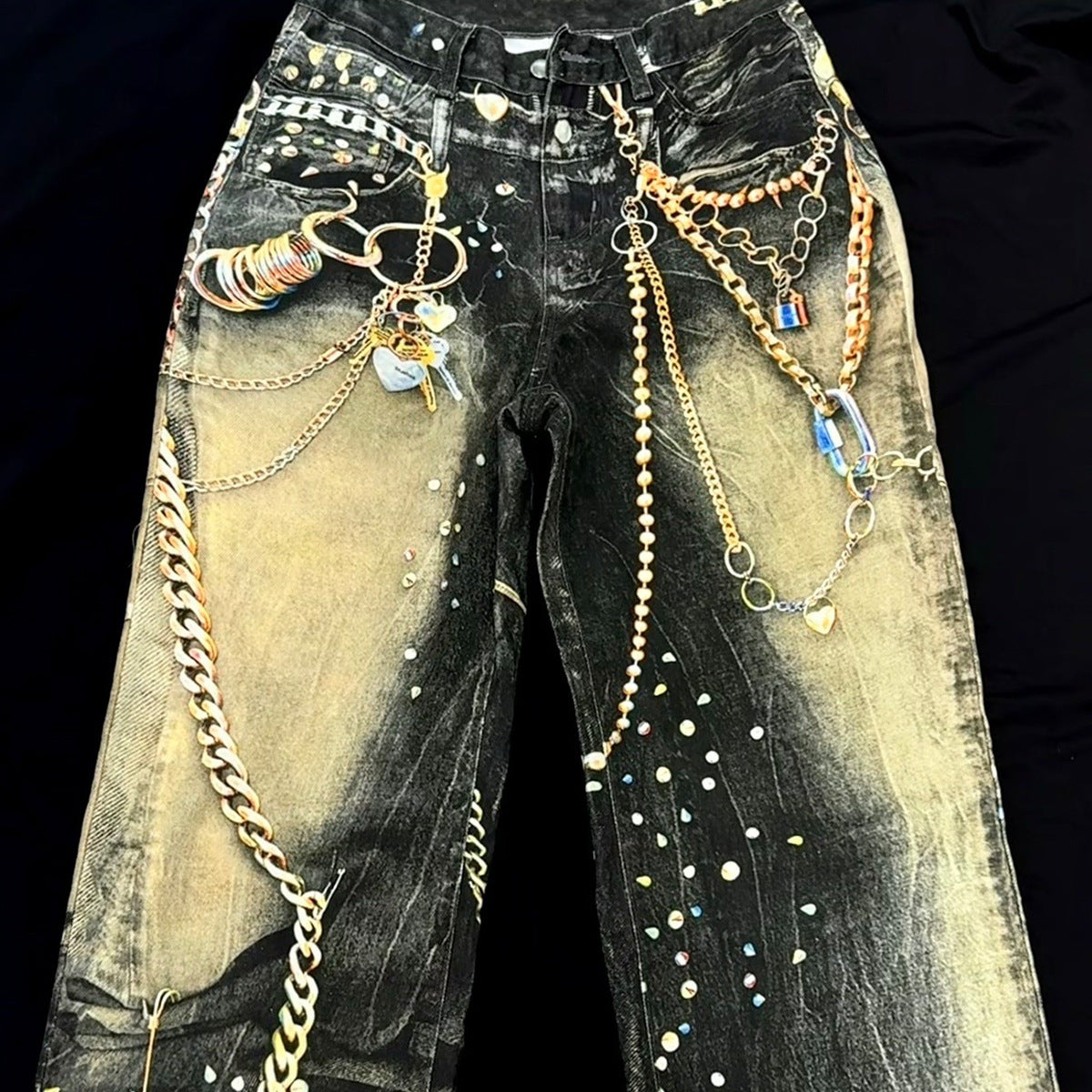 Chain Paint  3D Print Washed Wide Leg Denim Jeans WN25475