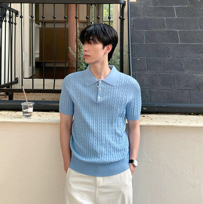 Cable-Knit Button-Placket Slim-Fit Short Sleeve Polo Shirt WN24855