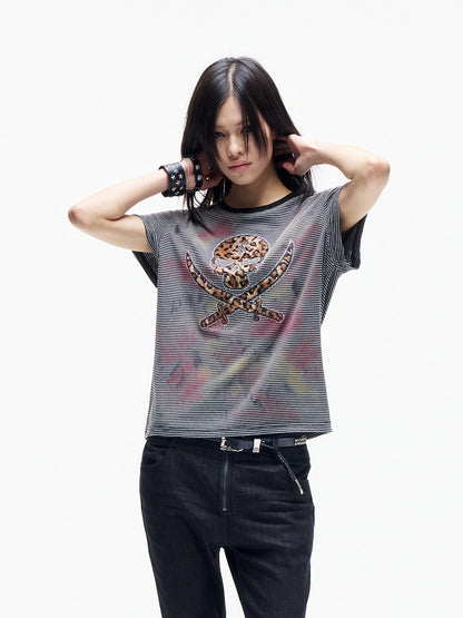 Leopard Skull Patch Stripe Short Sleeve T-Shirt WN27368