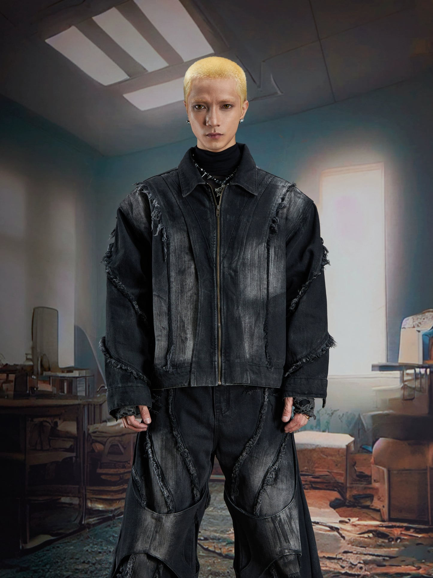 Washed Ribbon Splicing Denim Jacket & Flare Cargo Denim Jeans Setup WN21338