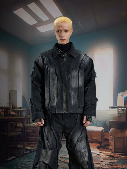 Washed Ribbon Splicing Denim Jacket & Flare Cargo Denim Jeans Setup WN21338