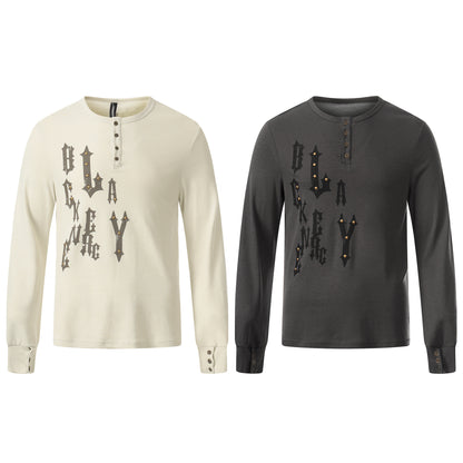 Henley Letter Studs Detail Long Sleeve T-Shirt WN25404