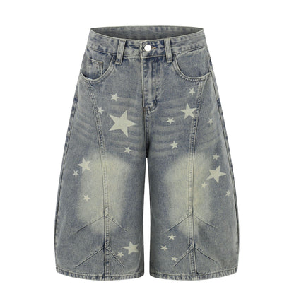 Curved Star Wide Leg Denim Short Pants WN25599