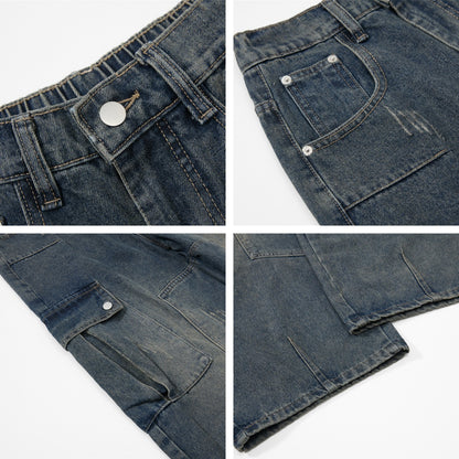 Washed Damage Multi-Pocket Curved Leg Denim Jeans WN26807