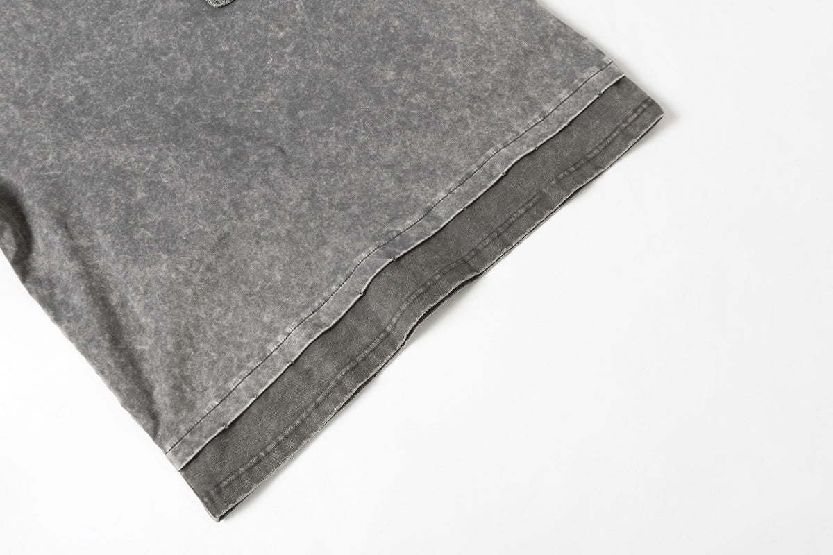 Washed Raw Edge Pocket Fake Layered Short Sleeve T-Shirt WN26891