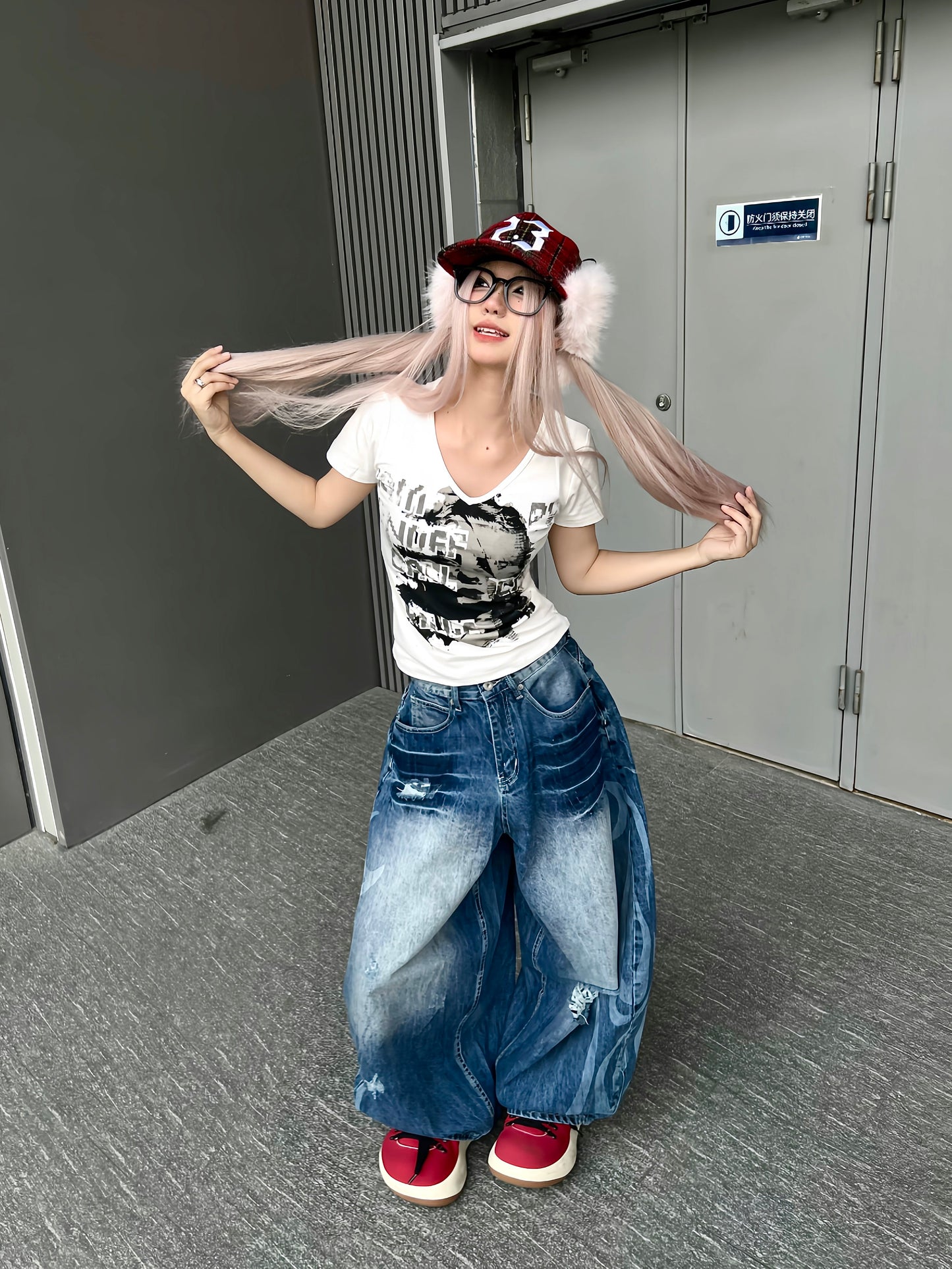 Wash Damege Baggy Denim Jeans WN24164
