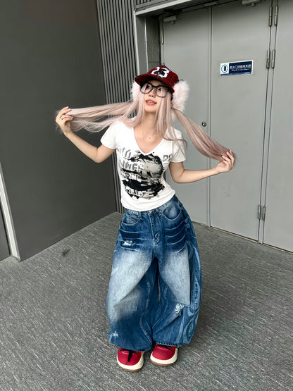 Wash Damege Baggy Denim Jeans WN24164