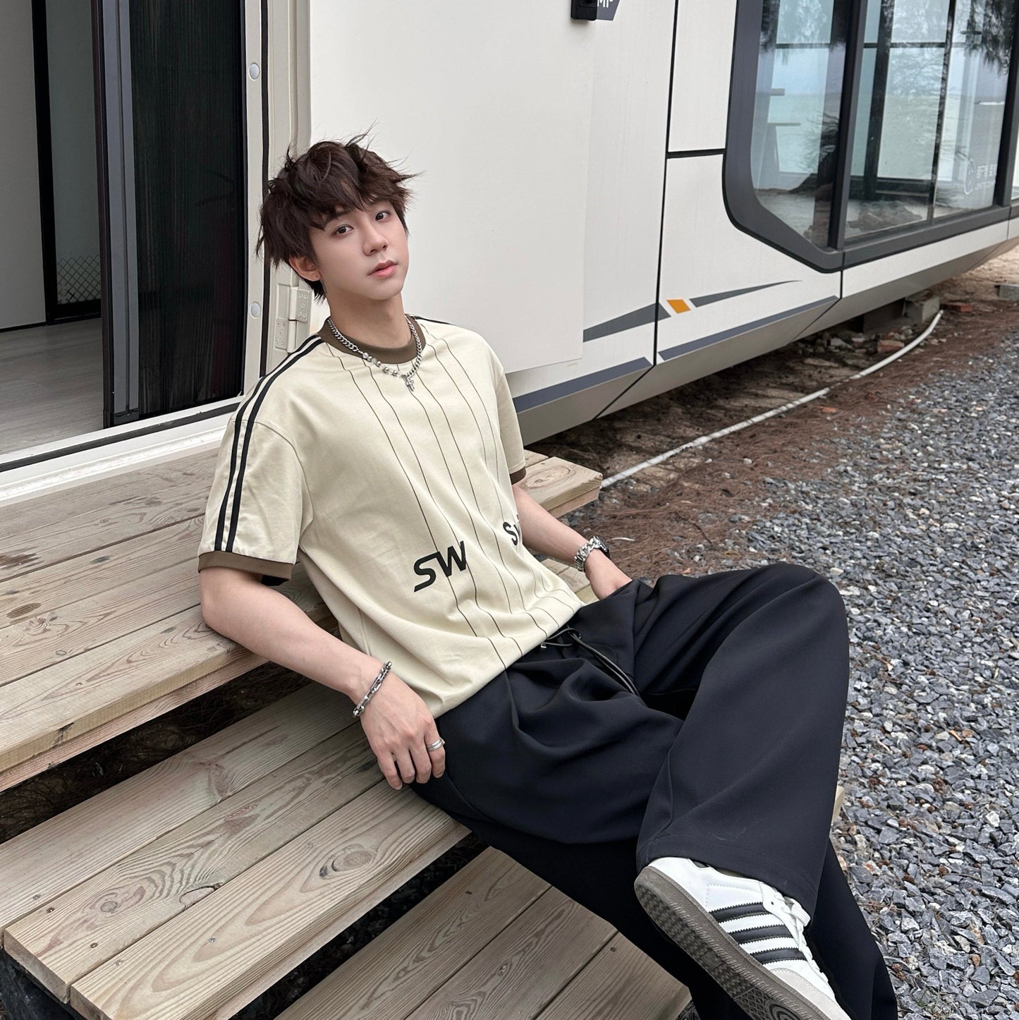 Letter Pinstripe Short Sleeve T-Shirt WN25204