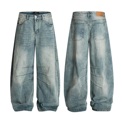 Washed Pleats Curved Denim Jeans WN25533