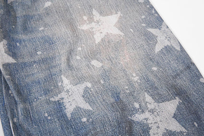 Star Print Fake Layered Curved Wide Leg Denim Jeans WN25728