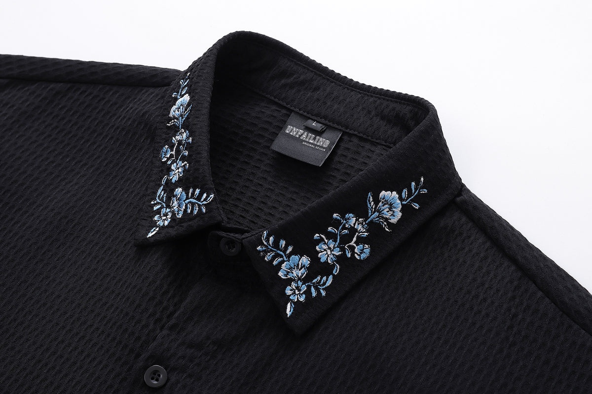Waffle Floral Embroidery Oversize Long Sleeve Shirt WN26811