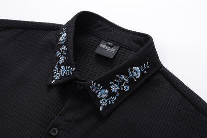Waffle Floral Embroidery Oversize Long Sleeve Shirt WN26811