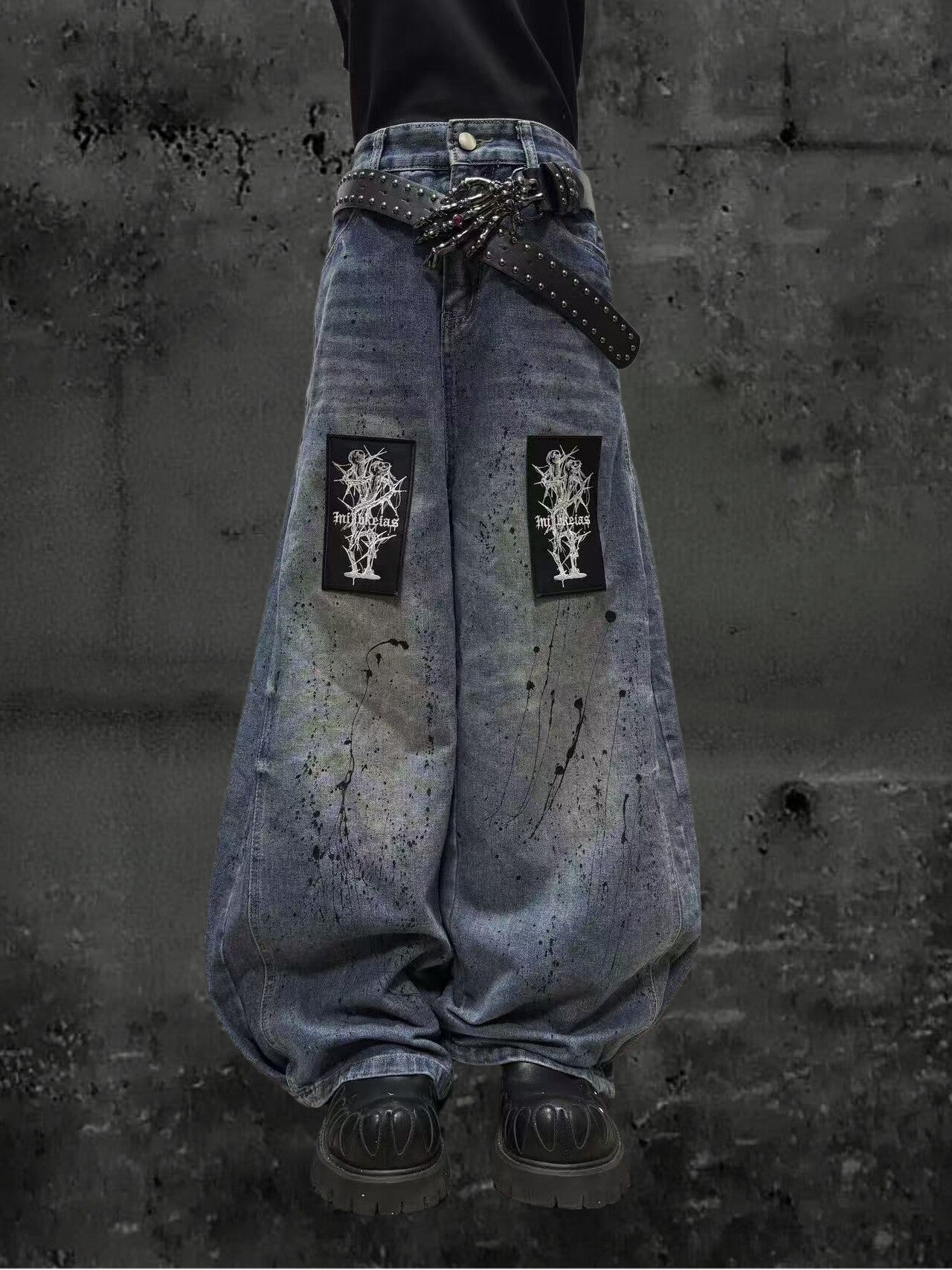 Paint Wash Damage Wide Leg Denim Jeans & Skull Belt & Belt Chain WN23803