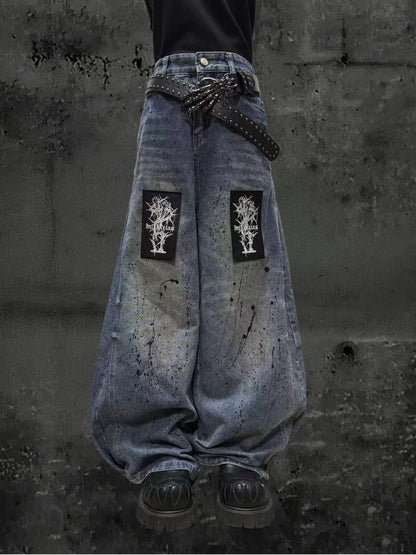 Paint Wash Damage Wide Leg Denim Jeans & Skull Belt & Belt Chain WN23803