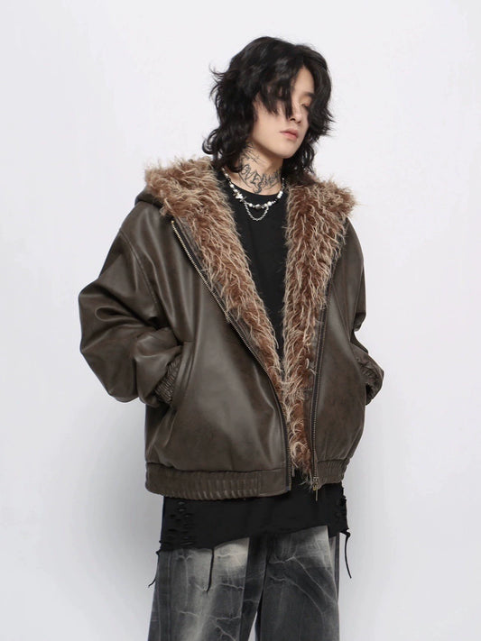 Thick Washed PU Leather Hooded Fur-Lined Jacket WN13154