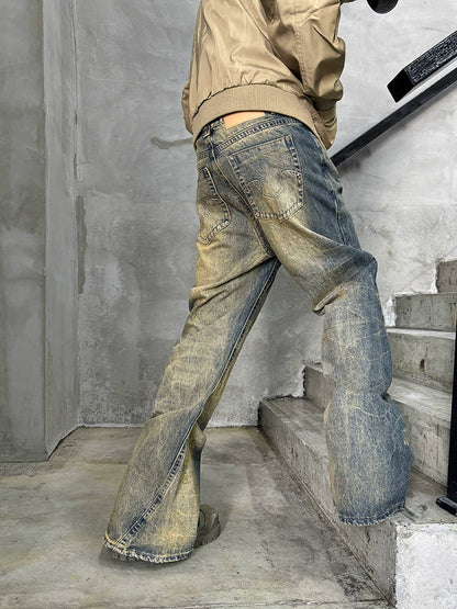 Washed Damage Straight Wide Leg Denim Jeans WN21181