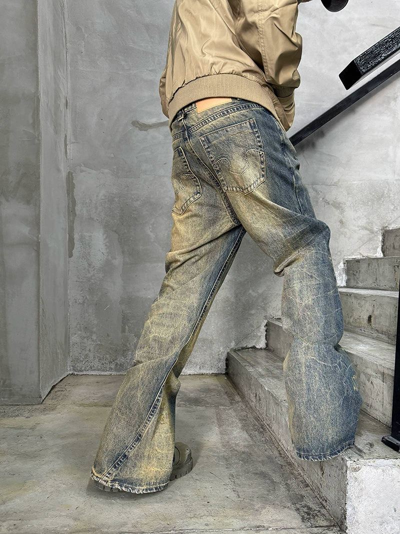 Washed Damage Straight Wide Leg Denim Jeans WN21181