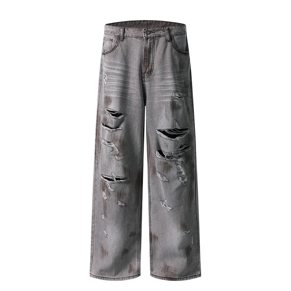 Dirty Washed Ripped Straight Leg Denim Jeans WN26829