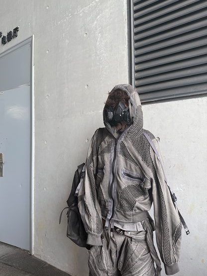 Deconstructed Mesh Patch Washed Zipper Hoodie WN21987