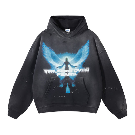 Washed Angel Wings Print Hoodie WN7774